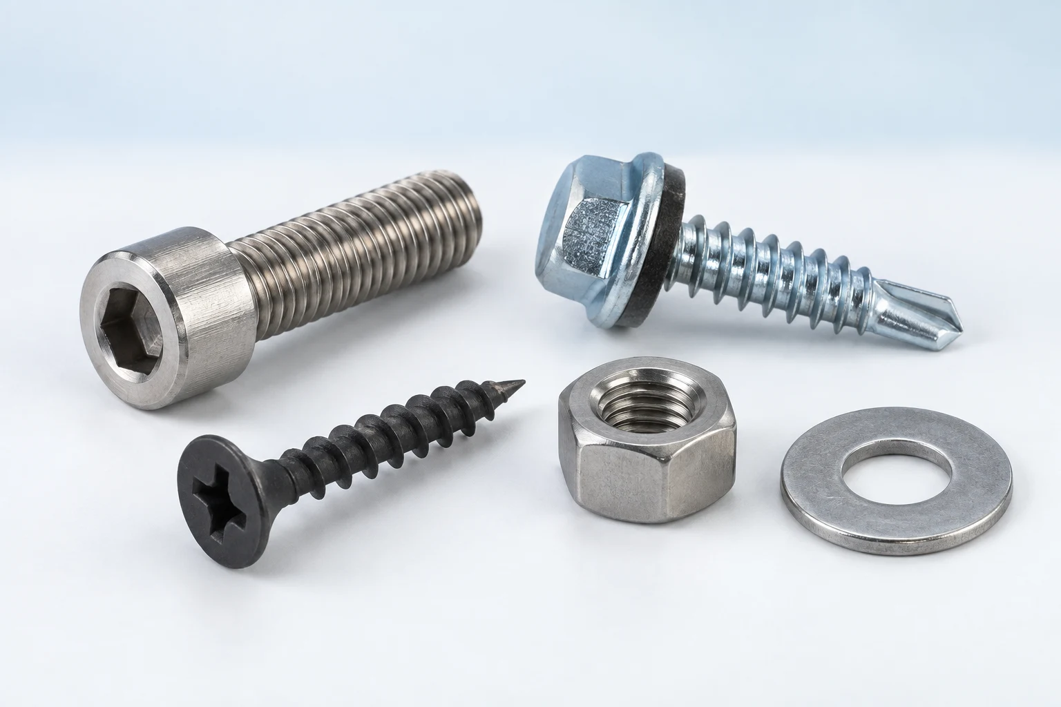 Socket head, self-drilling and drywall screws with a steel nut and washer on a clean studio background