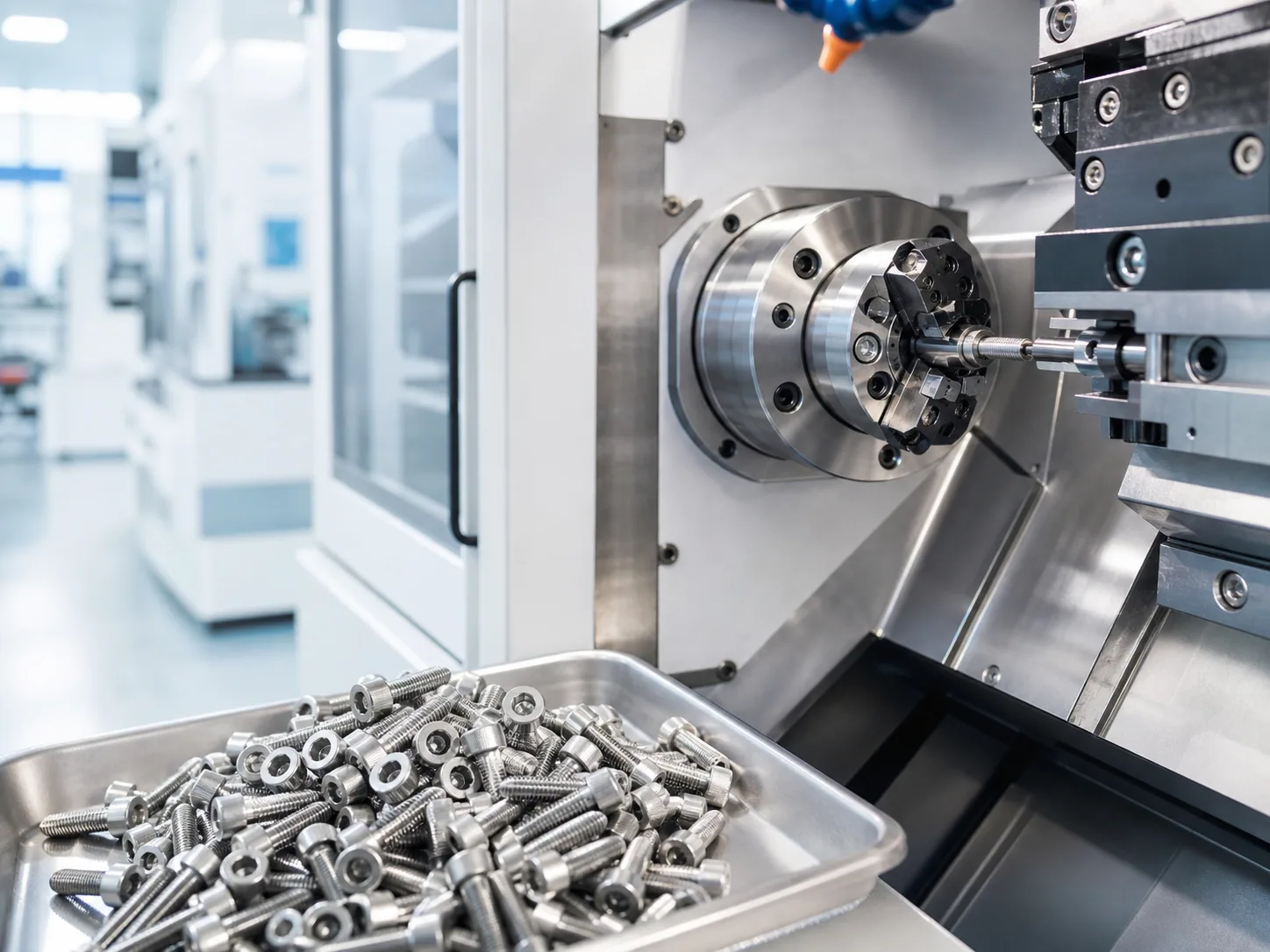 Precision machining equipment and a tray of finished threaded fasteners